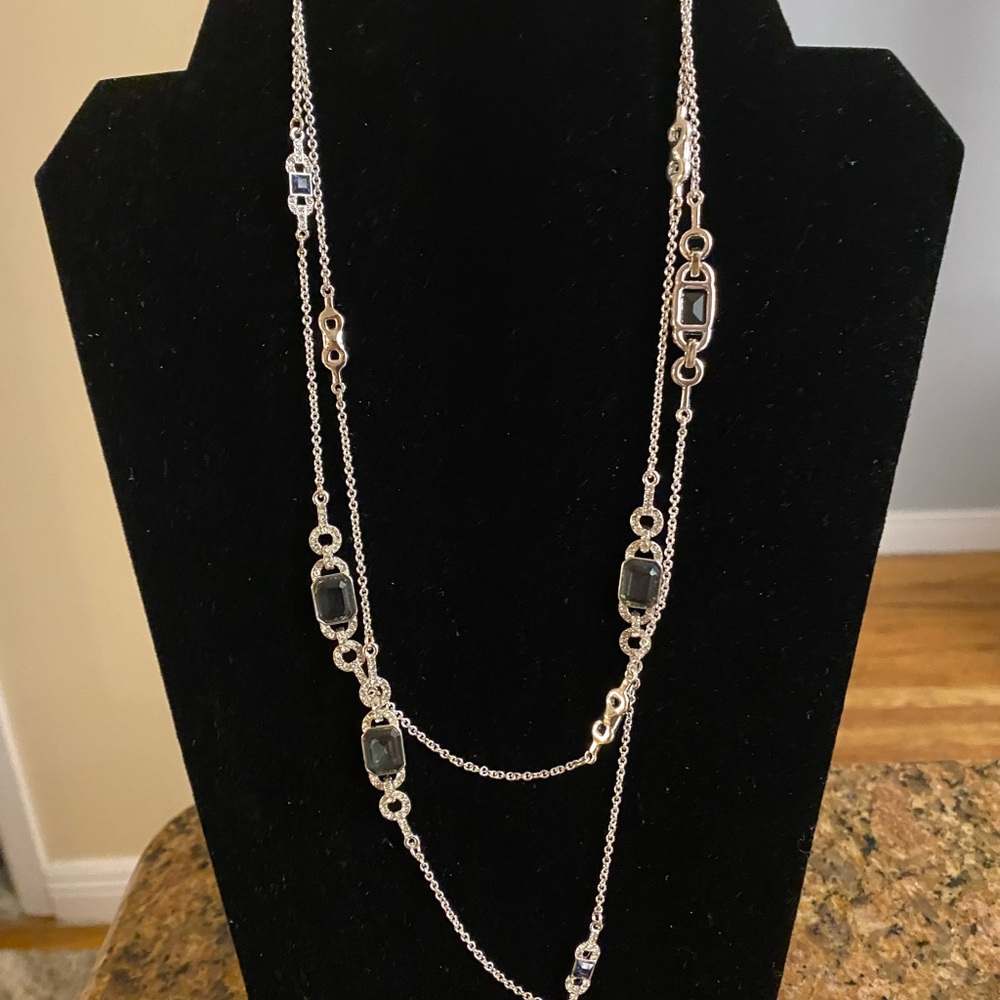Silver tone costume jewelry long necklace with dark blue/green stones